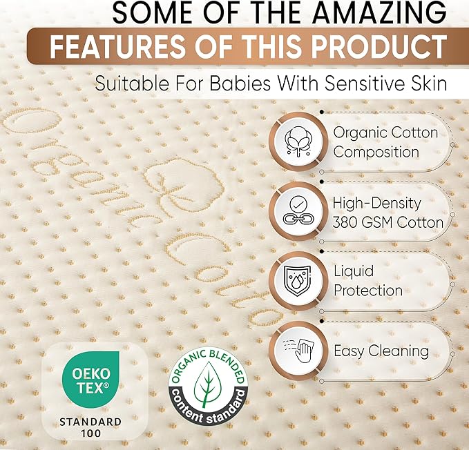 Luxury Organic Cotton Crib Mattress Pad - Skin Friendly, Waterproof, Breathable & Absorbent Mattress Protector - Ultra Thick 380GSM 3D Air Fabric - Fitted for Standard Baby Crib Size