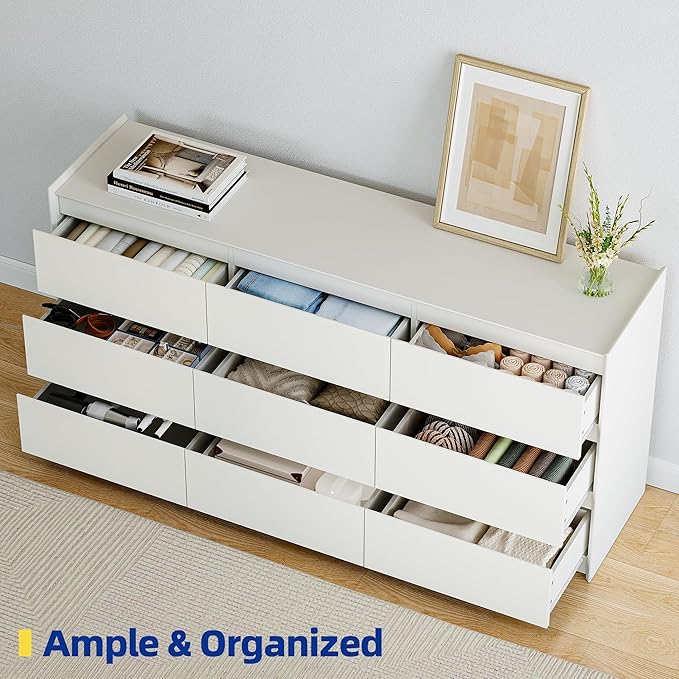 White Dresser for Bedroom, 62" Wide 9 Drawer Large Double Dresser, Modern Matte Wood High Capacity Chest with Anti-Tip Kit, Sturdy Storage Organizer for Master Bedroom & Family Room, Handle-Free