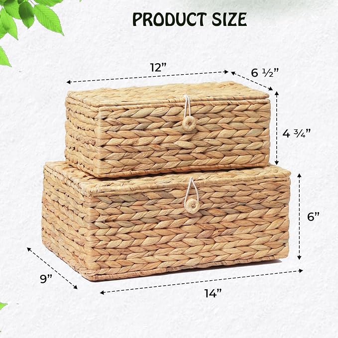 LUSYDECO Set of 2 Rectangular Wicker Storage Bins with Lid, Rattan Basket Decorative Boxes, Multipurpose Organizer Display Boxes for Shelf Organizer, Boho Rattan Box for Home Decoration - Image 5