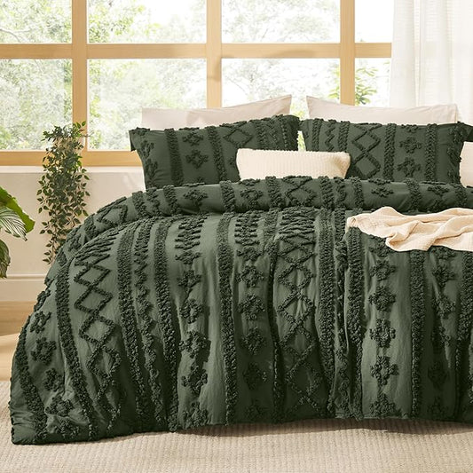 Bedsure Tufted Boho Comforter Set Oversized Queen - Olive Green Boho Bed Set, GentleSoft™ 3 Pieces Farmhouse Shabby Chic Embroidery Bedding, Gifts for Woman, Soft Jacquard Comforter for All Seasons