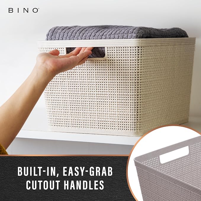 BINO Woven Plastic Basket | Large (Natural), 3-Pack | THE JUTE COLLECTION | Home Organization, Space-Saving Storage, Stylish Design | Plastic Storage Basket - Image 4