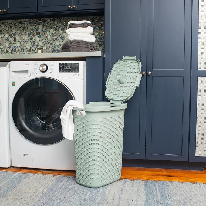 Mind Reader Slim Laundry Hamper with Lid, 60L Tall Clothes Basket, Narrow Tapered Design for Bathrooms, Closets and Laundry Rooms, Plastic, Mint - Image 2