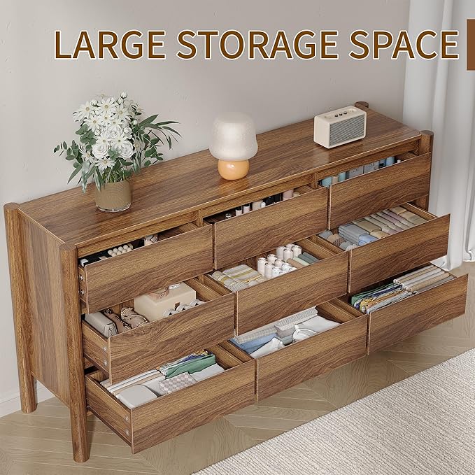 CHUWELL 3-Piece Bedroom Dresser Set-9 Drawer Dresser & 2 Nightstands,47" Wide Walnurt Dresser and Night Stands with Solid Wood Cylindrical Legs,Rustic Wooden Storage for Bedroom