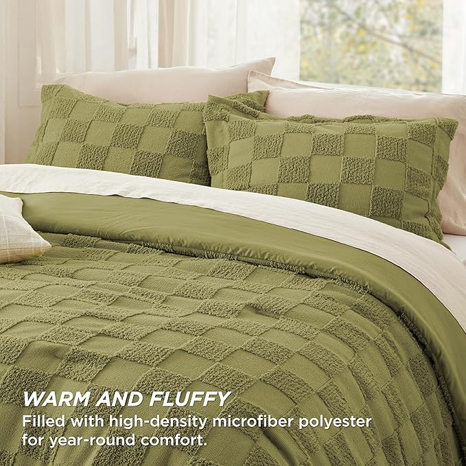 Bedsure Queen Size Comforter Set Olive Green, Boho Tufted Bed Set, Checkered Farmhouse Shabby Chic Bedding, 3 Pieces, 1 Plaid Geometric Comforter and 2 Pillow Shams