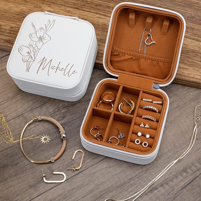 Custom Leather Jewelry Box w/Name & Birth Flower Month - Birthday Gifts for Women, Personalized Jewelry Travel Case - Customized Jewelry Organizer Box, Mom Birthday Gifts - Emerald - Image 6