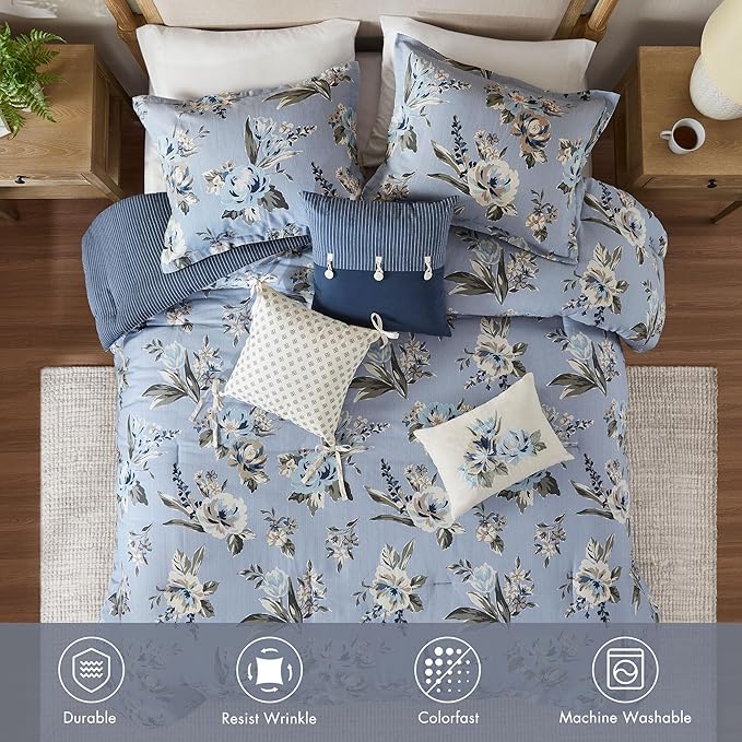 Madison Park Cal King Comforter Set Vintage Floral Reversible Comforters Cal King Size Bed, All Season Bedding Cal King Size Comforter, Bedskirt, Pillows, Shams, Salara, Cal King Blue 7 Piece