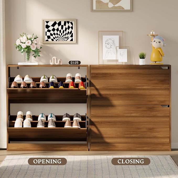 BORNOON Shoe Cabinet with 2 Flip Drawers, Slim Narrow Shoe Storage Cabinet, Freestanding Shoe Organizer with Adjustable & Removable Shelves, Top Display Shelf for Entryway, Hallway, Foyer, Closet - Image 5