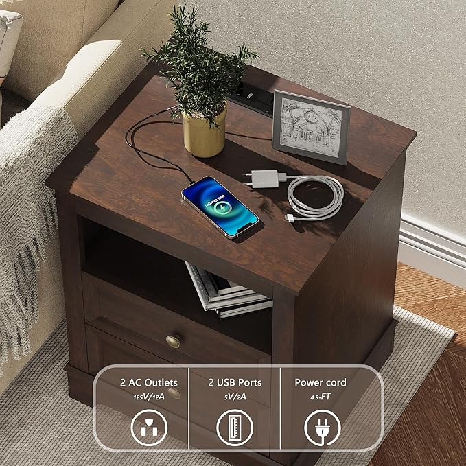 KIGOTY Farmhouse Bedroom Set, 3 Pcs Dresser and Nightstand Sets, 5 Drawer Dresser & 2 Drawer Nightstand Set with Charging Station,Rustic Wood Bedroom Furniture Set for Home,Brown