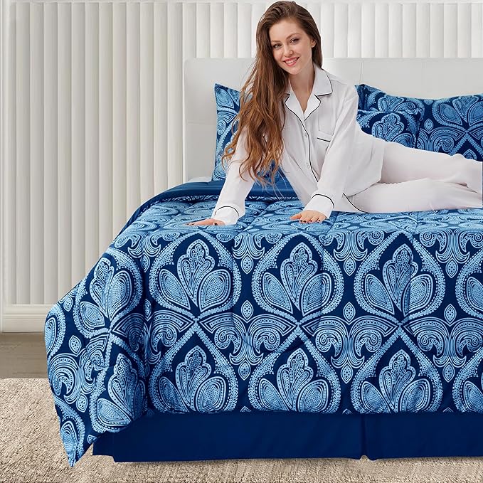 LUX Décor Reversible 5pc Queen Comforter Set, Printed Bedding Set, Microfiber Bed in a Bag, Includes 1 Comforter, 2 Pillow Shams, 1 Decorative Pillow & 1 Bed Skirt (Paisley Navy,Queen)