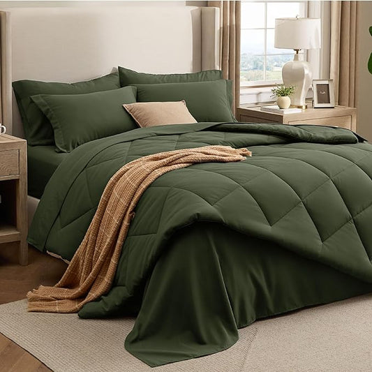 Bedsure 5 Pieces Twin Comforter Set Premium Series, Hotel Luxury Soft Bed in a Bag, Goose Down Alternative, Safe for Sensitive Skin Bedding Comforter All Season Medium Warmth, Olive Green Twin Size