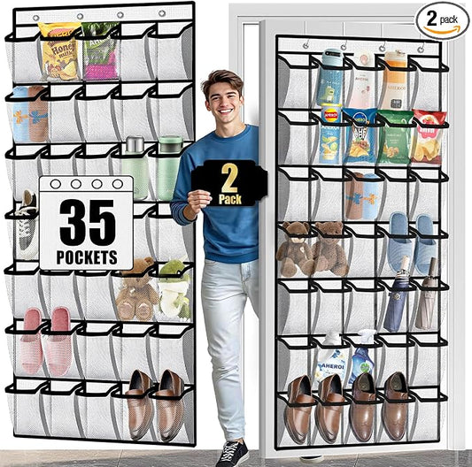 Aheroi 2 Pack 35 Pockets Over Door Shoe Organizer, White, Holds Up to 40 lbs, Mesh Pockets, Foldable, Hanging Shoe Rack by Aheroi