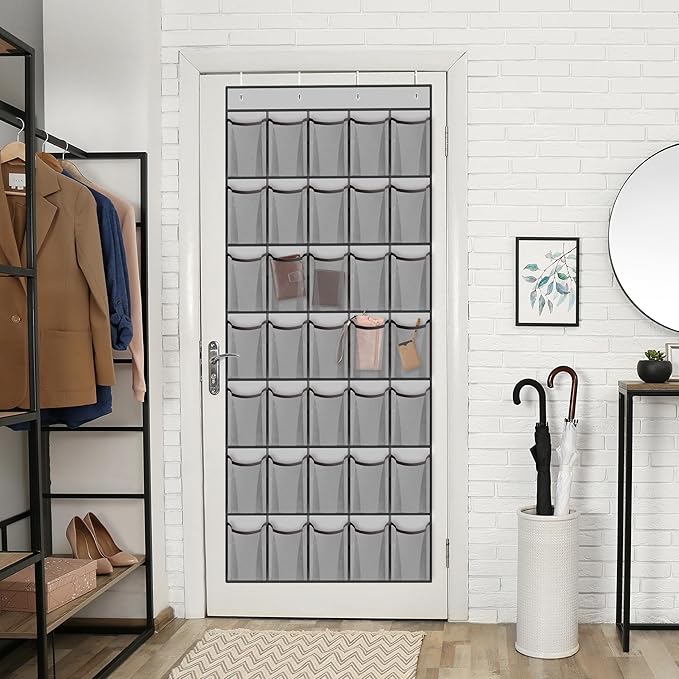 WVM Over the Door Shoe Organizer with 35 Breathable Mesh Pockets, Hanging Shoe Organizer for Door with 4 Metal Hooks, Large Capacity Closet Storage for Shoes, Accessories, Grey - Image 7