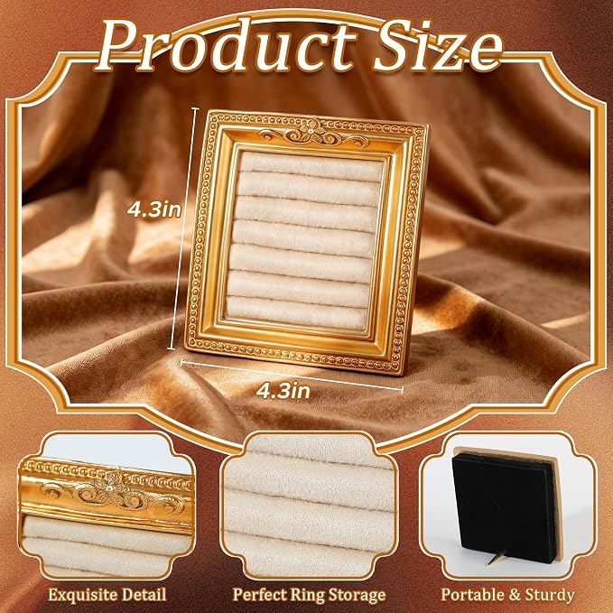 Vintage Ring Holder Rectangle Gold Velvet Display Stand - Baroque Jewelry Organizer Box Tray for Wedding Engagement Anniversary Women Birthday Christmas Gift Photograph Prop (MPF05-Gold Beige) - Image 6