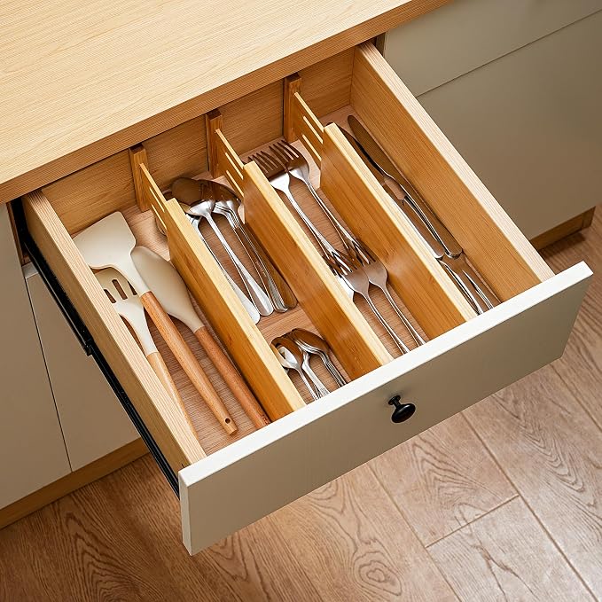 Fabsome Dresser Drawer Organizers 6 Pack, 4.65'' High Adjustable from 12.5-17‘’ Bamboo Drawer Dividers for Clothing Baby Clothes, Wooden Separators for Dresser Nursery Organization with Soft Foam Ends - Image 7