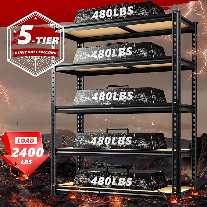 REIBII 2400LBS Storage Shelves 5 Tier Garage Shelving Heavy Duty Adjustable Garage Shelves, Utility Rack Shelf, Shelving Units for Storage Warehouse Pantry Closet, 35.5" W x 11.9" D x 72" H, Black - Image 5