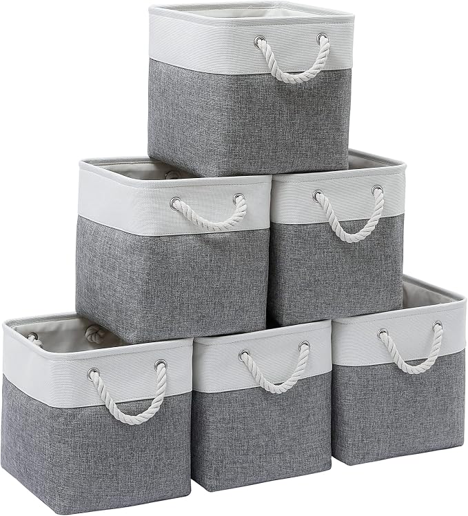 MidmmVick 11 x 11 Inch Cube Storage Bins, 6 Pack Large Collapsible Fabric Storage Bin with Ropes, Foldable Storage Cubes for Home, Office,Closet, Clothes, Toys Organizer (White & Grey-11"x11"x11") by Midmmvick