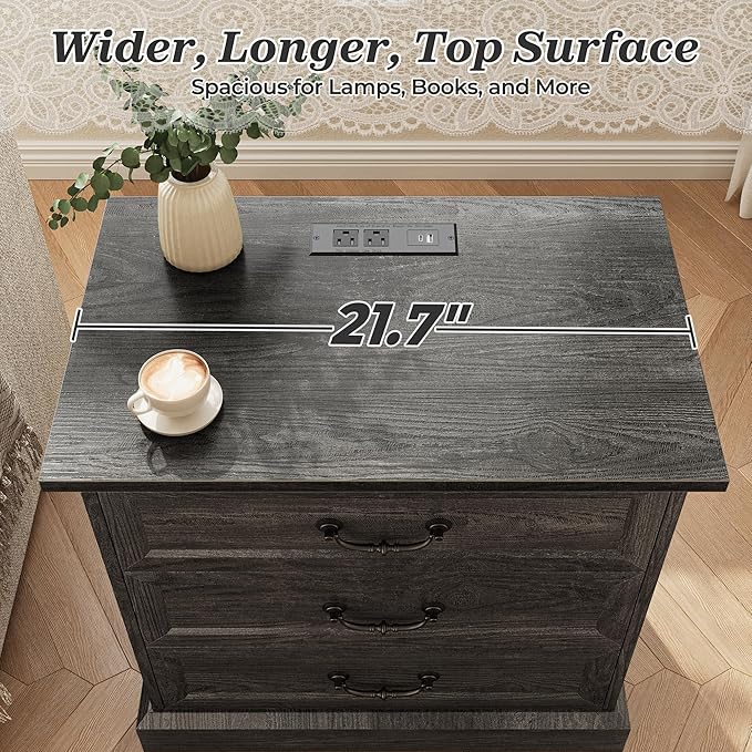 Huuger Nightstand with Charging Station, 3 Drawer Night Stand, 22 Inch Wider Side Table with Storage, Farmhouse Nightstand with Vintage Handles, Thicken Base, for Bedroom, Black