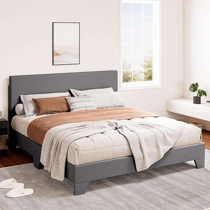 SHA CERLIN Light Grey Full Size Platform Bed Frame with Wood Slats Support, Clean Line Fabric & Adjustable Headboard, No Box Spring Needed, Easy Assembly