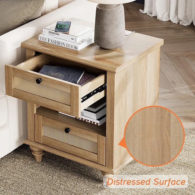 WAMPAT 4 Piece Dresser and Nightstand Sets - Includes Two Farmhouse 3 Drawer Dressers for Bedroom, Set of 2 Side Tables Bedside Table with Charging Station, 4 Piece Bedroom Set, Oak