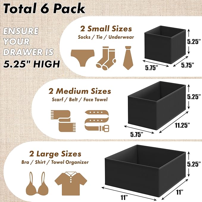 Simple Houseware Underwear Drawer Organizer for Lingerie/Undergarment/Bra/Panty/Sock/Onesie, Set of 6, Black - Image 2