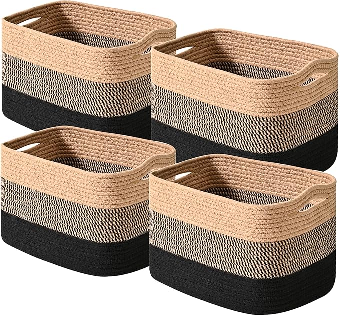 ICERZCZ Storage Baskets for Shelves Organizing, Woven Cotton Rope Baskets for Storage, Book Basket, Towel Basket, 12.5"Lx9.1''Wx7.9''H (4 Packs) Gradient Black & Jute by ICERZCZ