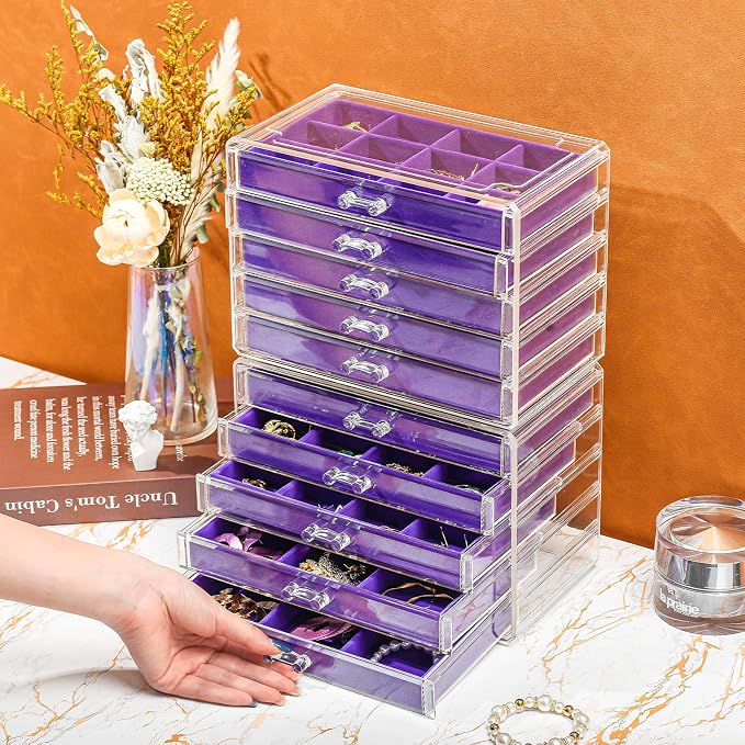ProCase Earring Holder Organizer Jewelry Box with 10 Drawers, Acrylic Clear Earring Case with Adjustable Velvet Trays for Women - Purple,10 Layers - Image 3