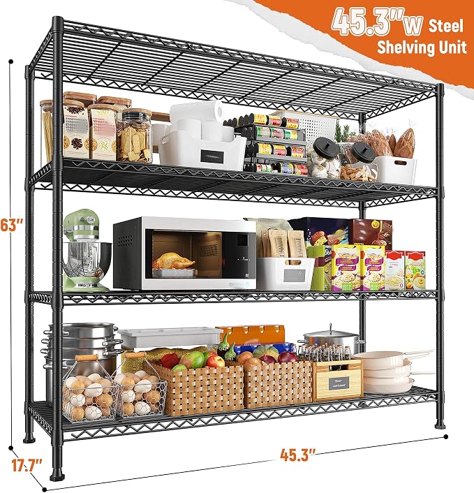 REIBII Storage Shelves 45.3''W Wire Shelving Unit 4 Tier Metal Shelves for Storage Rack Metal Shelving for Pantry Shelves Kitchen Steel Shelving, 45.3''W*63''H*17.7" D, 2 Pack - Image 3