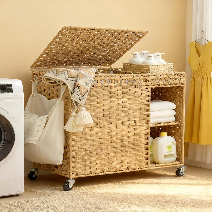 Laundry Hamper with Lid, 160L Rattan Wicker Laundry Basket with Wheels, Handwoven Laundry Hamper 3-Section with Storage shelf(42.3 Gal), Laundry Sorter Basket with Removable Liner, Natural HLH033N by HEYBLY