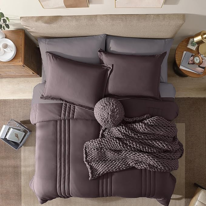 Monbix King Size Comforter Set - 7 Pieces Bed in a Bag King, ltalian Plum Bedding Sets with Comforter, All Seasons Comforter Bed Set with Sheets, Pillowcases & Shams