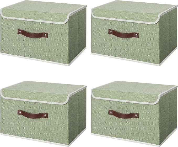 ANMINY 4PCS Storage Bin with Lid Storage Boxes with PU Leather Handles PP Plastic Board Decorative Foldable Lidded Cotton Linen Fabric Home Cubes Baskets Closet Organizer Container - Green, Medium by ANMINY
