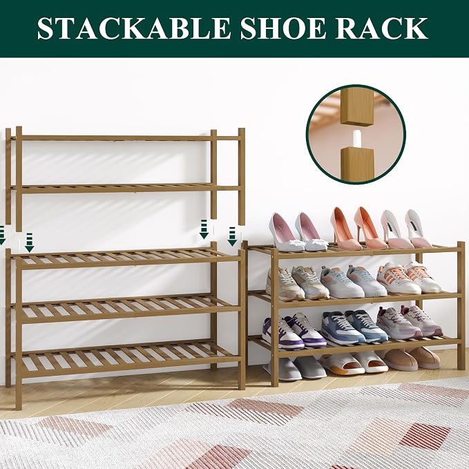 Smiry Bamboo Shoe Rack for Closet, 6 Tier Wooden Stackable Shoe Organizer, Free Standing Shoes Storage Shelf for Entryway, Front Door Entrance, Walnut - Image 4