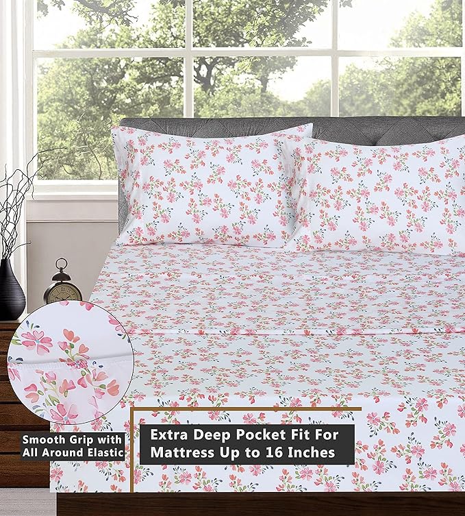 RUVANTI 100% Cotton Sheets – Twin Size Percale Bedding, Cooling & Breathable Floral Design, Durable with a Crisp, Soft & Comfortable Feel, 16" Deep Pocket, 3-Piece Set, Bloomex