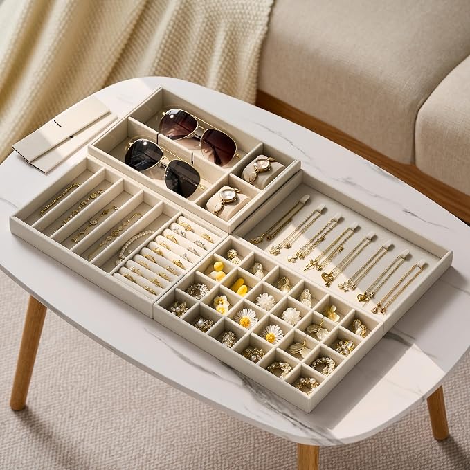 Velvet Jewelry Drawer Organizer Trays – Large Beige Stackable Jewelry Storage Inserts Set, 4-Layer Jewelry Tray Set for Earrings, Rings, Necklaces, Bracelets with Removable Dividers for Dresser,Vanity - Image 6