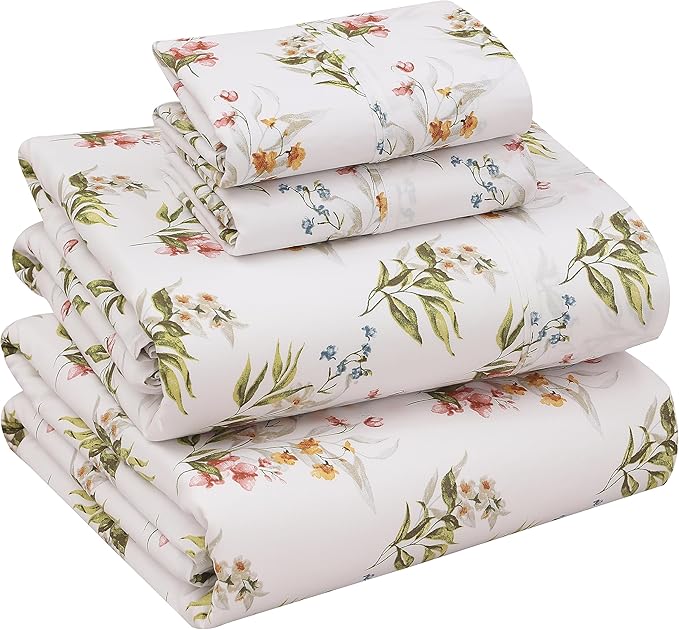 RUVANTI 100% Cotton Sheets – Queen Size Percale Bedding, Cooling & Breathable Floral Design, Durable with a Crisp, Soft & Comfortable Feel, 16" Deep Pocket, 4-Piece Set, Floral Bliss