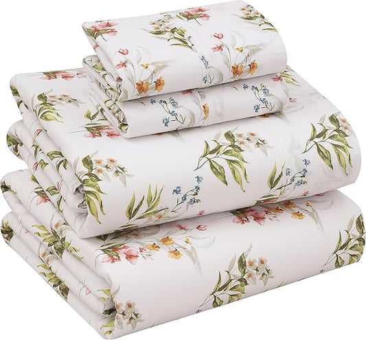 RUVANTI 100% Cotton Sheets – Queen Size Percale Bedding, Cooling & Breathable Floral Design, Durable with a Crisp, Soft & Comfortable Feel, 16" Deep Pocket, 4-Piece Set, Floral Bliss