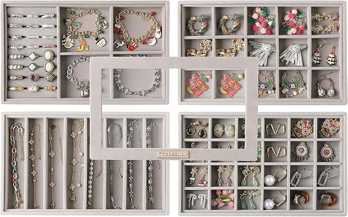 Frebeauty Stackable Jewelry Trays, Velvet Drawer Jewelry Organizer with Glass Lid,5 in 1 Multi-Functional Jewelry Storage for Earrings Necklaces Rings, 10.5 x 6.5 x 5.55 Inches Gift for Women(Grey) by Frebeauty