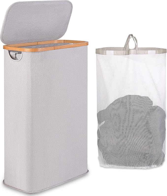 65L Slim Laundry Hamper, Narrow Laundry Basket with Lid,Foldable Clothes Hamper with Bamboo Handles,Hamper Basket with Removable Inner Bag for Laundry Room Bedroom College Dorm,17.17 Gals（Light Grey） by iEGrow