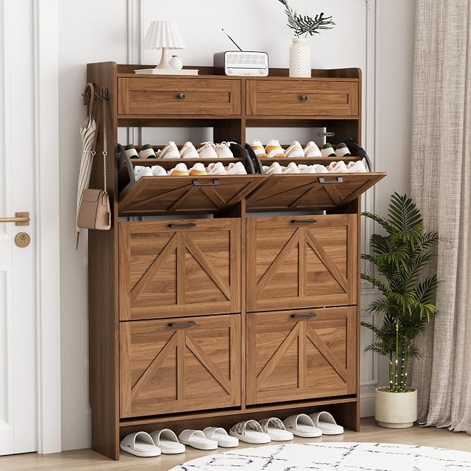 Shoe Cabinet with 6 Flip Drawers & 2 Top Drawers, 57" Tall Freestanding Narrow Wooden Shoe Storage Organizer for Entryway, Hidden Slim Shoe Rack for Front Door Entrance, Hallway, Living Room, Walnut by Xixini