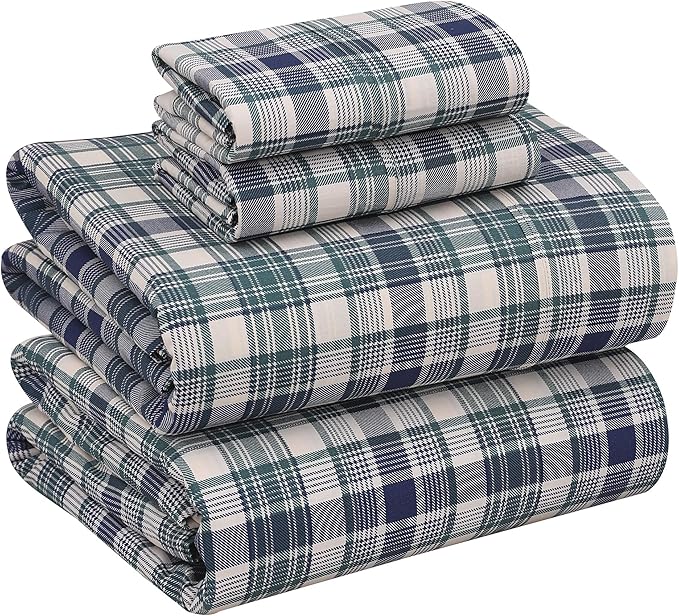 RUVANTI 100% Cotton Sheets – Queen Size Percale Bedding, Cooling & Breathable Floral Design, Durable with a Crisp, Soft & Comfortable Feel, 16" Deep Pocket, 4-Piece Set, Greenish Blue Plaid