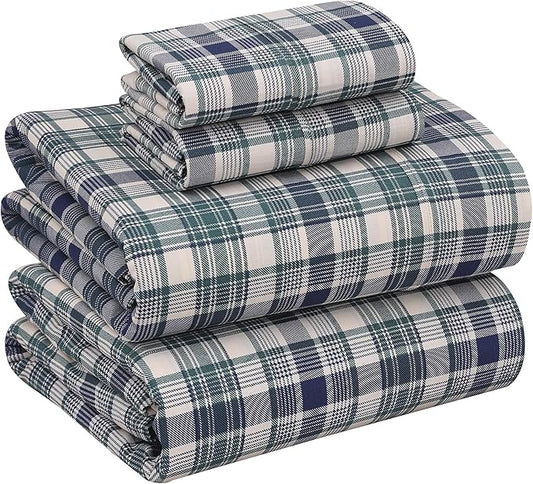 RUVANTI 100% Cotton Sheets – Queen Size Percale Bedding, Cooling & Breathable Floral Design, Durable with a Crisp, Soft & Comfortable Feel, 16" Deep Pocket, 4-Piece Set, Greenish Blue Plaid