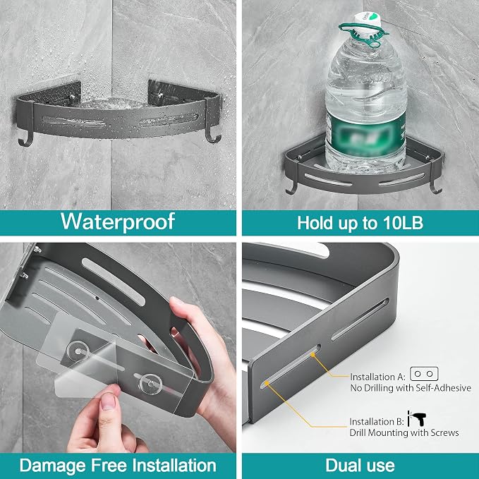 Hoomtaook 2-Tier Corner Shower Shelf No Drilling Bathroom Shelves Shower Caddies Adhesive Bath Corner Shelf Wall Mounted Bathroom Shower Caddy Organizer - Dark Grey - Image 2