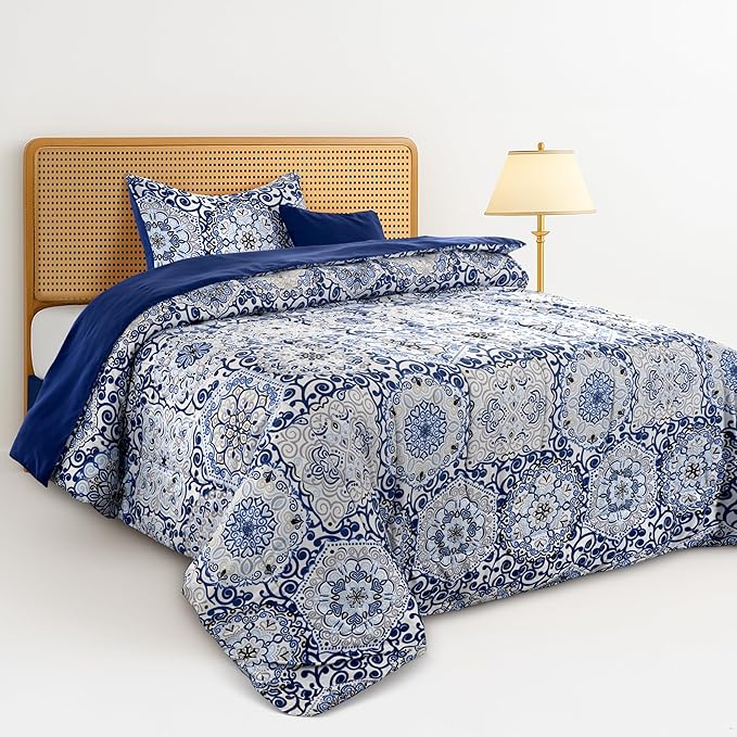 LUX Décor Reversible 4pc Twin Comforter Set, Printed Bedding Set, Microfiber Bed in a Bag, Includes 1 Comforter, 1 Pillow Sham, 1 Decor Pillow & 1 Bed Skirt (Aztec Blue,Twin)