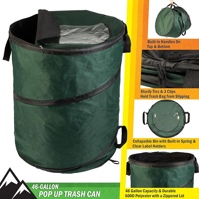 Wakeman Outdoor Trash Can - 46-Gallon Collapsible Garbage Can with 3 Stakes - Pop Up Trash Bin for Camping, Storage, or Yard Waste Outdoors (Green) - Image 2