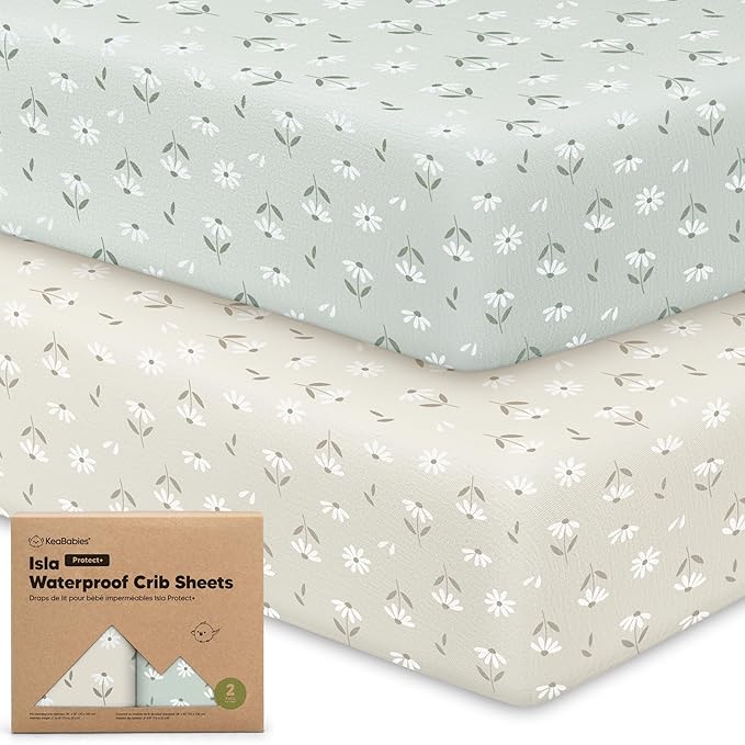 2-Pack Waterproof Baby Crib Sheets for Boys, Girls - 52x28 Viscose Derived from Bamboo Toddler Bed Sheet Neutral, Fitted Crib Mattress Protector Cover for Baby Bedding, Soft & Gentle (Daisies)