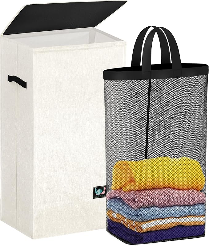 WTREE Laundry Hamper with Lid, Reinforced Sturdy Clothes Hamper with Anti-Puncture Base, Large Collapsible Laundry Basket with Removable Liner Bag, Tall Dirty Clothes Bin for Family, 100L Cream by WTREE