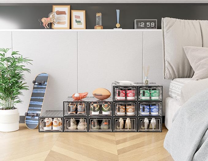 SIMPDIY Shoe Storage, 12 Pack Shoe Organizer for Closet, Shoe Boxes Clear Plastic Stackable Shoe Containers with Lids for Size 10, Black - Image 8