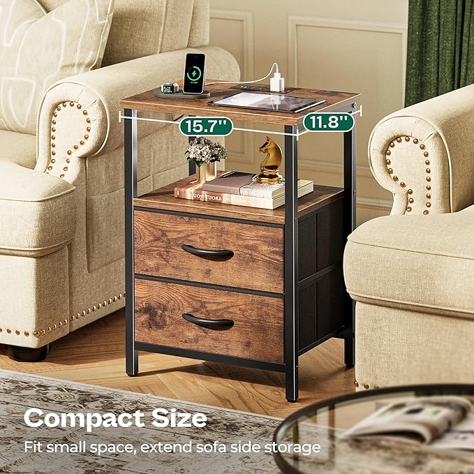 Huuger Night Stand with Charger Station and LED Lights, 2 Drawer Nightstand, Bed Side Table with Open Shelf, End Table, Fabric Dresser for Bedroom, Rustic Brown