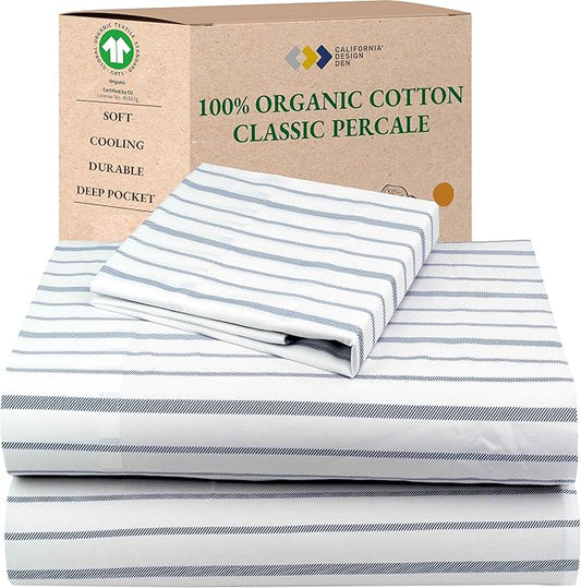 California Design Den Striped Twin Sheets Set - 100% Organic Cotton, Soft and Crisp Percale Sheets with Deep Pockets, Durable Bedding Set - Blue Stripe