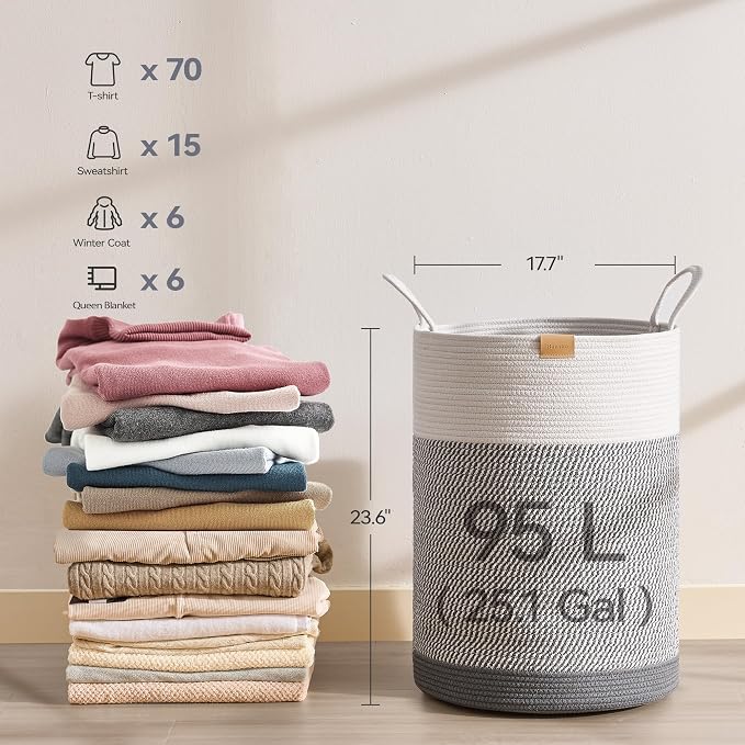 Nunsino Laundry Hamper 95L,Large Laundry Basket for Clothes,Decorative Storage Basket for Blankets,Cotton Rope Woven basket for bedroom,Grey White - Image 6