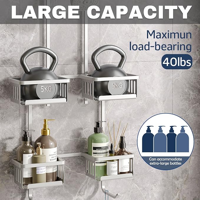 Aluminum Shower Caddy Hanging for Handheld Showerheads, Never Rust Shower Organizer with Hooks Holder Toothbrush Holder，Over Showerhead Caddy for Bathroom - Image 3